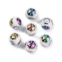 Christmas Opaque Glass Beads, Round with Electroplate Snowflake Pattern, Multi-color Plated, 10mm, Hole: 1.2mm(X-EGLA-R113-01D)