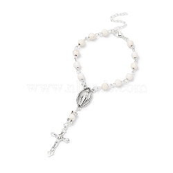 Alloy Cross Charm Bracelets, Synthetic Magnesite Rosary Beaded Style Bracelet, 7-1/8~7-1/4 inch(18.1~18.4cm)(BJEW-TA00423-02)