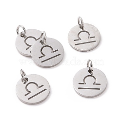 304 Stainless Steel Charms, Flat Round with Constellation/Zodiac Sign, Libra, 12x1mm, Hole: 3mm(STAS-Q201-T445-7S)