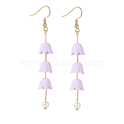 Acrylic Flower with Plastic Pearl Long Dangle Earrings, Gold Plated 304 Stainless Steel Jewelry for Women, Lilac, 80mm, Pin: 0.6mm(EJEW-JE04941-01)