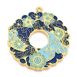 Rack Plating Alloy Enamel Big Pendants, Cadmium Free & Nickel Free & Lead Free, Flower Charms, Golden, Marine Blue, 57x52x2mm, Hole: 2.5mm(ENAM-N056-394C-G)