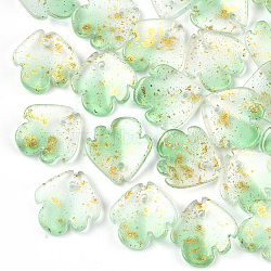 Two Tone Transparent Spray Painted Glass Charms, with Glitter Powder, Frosted, Flower, Light Green, 15x15x4mm, Hole: 1.2mm(X-GLAA-T017-05-B01)