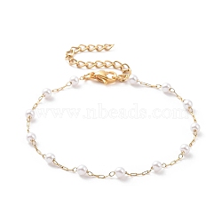 Round Plastic Imitation Pearl Beaded Bracelets, with Vacuum Plating 304 Stainless Steel Figaro Chains, White, Golden, 6-1/2 inch(16.6cm)(BJEW-E054-04G)