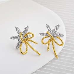 Bowknot Brass Micro Pave Cubic Zirconia Stud Earrings for Women, Platinum & Golden, 24x15mm(EJEW-Q391-33PG)