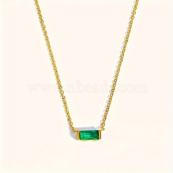 Birthstone Style Brass Cubic Zirconia Rectangle Pendant Necklaces for Women, Golden, Green, 15.75 inch(40cm)(FS-WGDF12C-05)