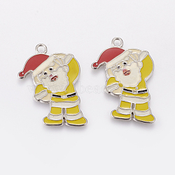 Alloy Enamel Pendants, Cadmium Free & Nickel Free & Lead Free, Christmas Santa Claus, Platinum Metal Color, Yellow, 36mm long, 27mm wide, 2mm thick, hole: 2.5mm(X-EAP017Y-2)