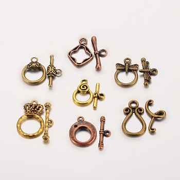 Mixed Tibetan Style Toggle Clasps, Mixed Color, Toggle: 15~25x10~15mm, Bar: 15~25mm, Hole: 2~3mm