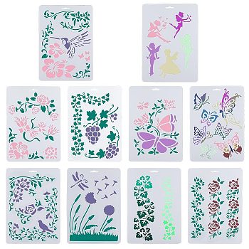 10Pcs 10 Styles PP Plastic Hollow Out Drawing Painting Stencils Templates, Flower & Bird & Fairy & Butterfly, Mixed Patterns, 310x210x0.1~0.2mm, 1pc/style