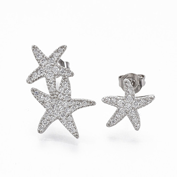 Brass Micro Pave Clear Cubic Zirconia Stud Earrings, Asymmetrical Earrings, with Ear Nuts, Nickel Free, Sea Star/Starfish, Real Platinum Plated, 11x10.5mm & 20.5x12mm, Pin: 0.7mm