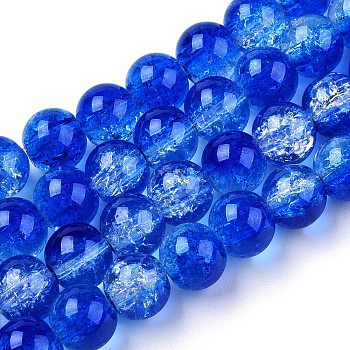 Transparent Crackle Baking Painted Glass Beads Strands, Imitation Opalite, Round, Blue, 6x5mm, Hole: 1.2mm, about 147pcs/strand, 31.10 inch(79cm)