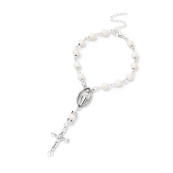 Alloy Cross Charm Bracelets, Synthetic Magnesite Rosary Beaded Style Bracelet, 7-1/8~7-1/4 inch(18.1~18.4cm)