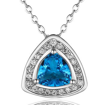Real Platinum Plated Brass Cubic Zirconia Triangle Pendant Necklaces, Cadmium Free & Lead Free, Deep Sky Blue, 18 inch
