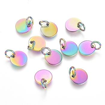 Ion Plating(IP) 304 Stainless Steel Charms, Stamping Blank Tag, with Jump Rings, Flat Round, Rainbow Color, 8x0.7mm, Hole: 3.5mm
