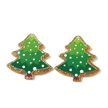 Christmas Printed Acrylic Pendants, with Glitter Powder, Tree, Green, 38.5x36.5x2~2.5mm, Hole: 1.4~1.5mm