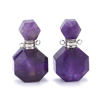 Faceted Natural Amethyst Openable Perfume Bottle Pendants, with 304 Stainless Steel Findings, Stainless Steel Color, 34~36x20~22x12~13mm, Hole: 1.8mm, Bottle Capacity: 1ml(0.034 fl. oz)