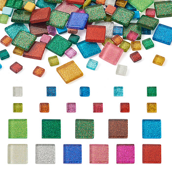 Elecrelive 272Pcs 2 Style Square Transparent Glass Cabochons, Mosaic Tiles, for Home Decoration or DIY Crafts, Colorful, 20x20x4mm, 200g, about 52pcs