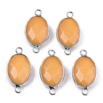 Natural White Jade Links/Connectors, Platinum Tone Brass Edge, Faceted Oval, Orange, 27.5x14~15x6mm, Hole: 2mm