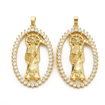 Brass Micro Pave Cubic Zirconia Pendants, Nickel Free, Oval with Virgin, Real 16K Gold Plated, 41.5x25.5x5mm, Hole: 2.5x5mm