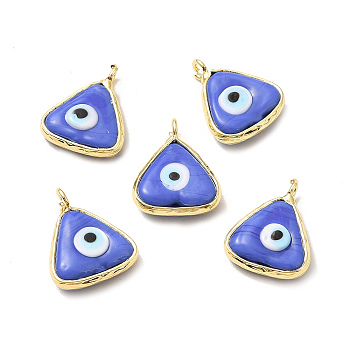 Handmade Lampwork Pendants, with Eco-friendly Light Gold Brass Findings, Long-Lasting Plated, Cadmium Free & Lead Free, Triangle with Evil Eye Charm, Royal Blue, 16x13.5x4~4.5mm, Hole: 2mm