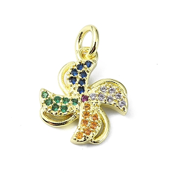 Brass Micro Pave Colorful Cubic Zirconia Pendants, with Jump Ring, Windmill Charm, Real 18K Gold Plated, 14x11.5x2mm, Hole: 3mm
