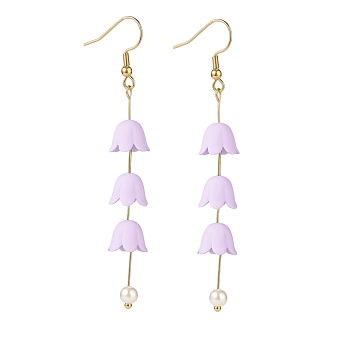 Acrylic Flower with Plastic Pearl Long Dangle Earrings, Gold Plated 304 Stainless Steel Jewelry for Women, Lilac, 80mm, Pin: 0.6mm