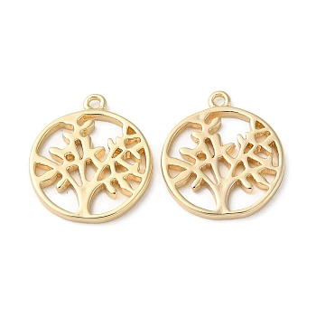 Brass Pendants, Round Ring with Tree Charms, Real 18K Gold Plated, 17x15x1.5mm, Hole: 1.2mm