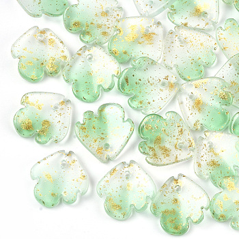 Two Tone Transparent Spray Painted Glass Charms, with Glitter Powder, Frosted, Flower, Light Green, 15x15x4mm, Hole: 1.2mm