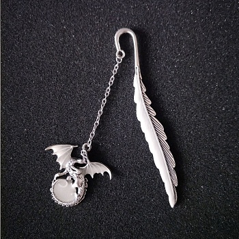 Luminous Alloy Bookmarks, Glow in the Dark Feather Bookmarks, Dragon Pendant Book Marker, with Cable Chains, Antique Silver, 115mm