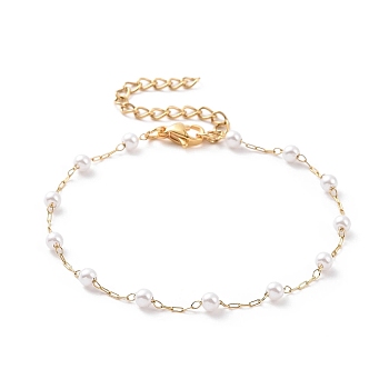 Round Plastic Imitation Pearl Beaded Bracelets, with Vacuum Plating 304 Stainless Steel Figaro Chains, White, Golden, 6-1/2 inch(16.6cm)
