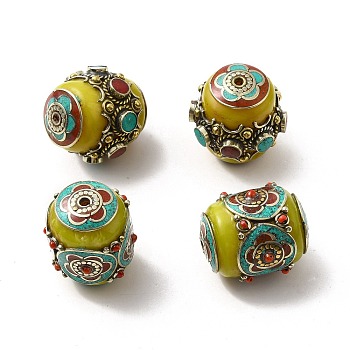 Brass Beeswax Beads, with Synthetic Turquoise, Column, Antique Golden, 29~29.5x25~29x25~29mm, Hole: 1.8mm