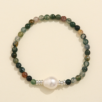 Natural Moss Agate & Freshwater Pearl Bead Stretch Bracelets for Women, 7-1/8 inch(18cm)