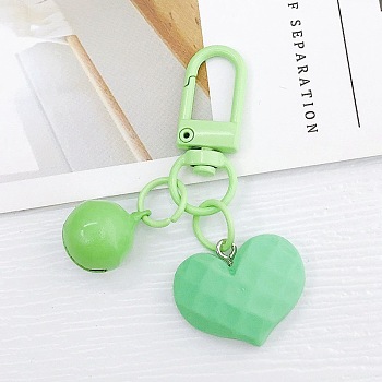 Acrylic Pendants Keychain, with Spray Painted Alloy Findings, Heart & Bell, Light Green, 6cm
