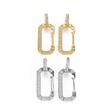 Brass Micro Pave Cubic Zirconia Huggie Hoop Earrings, Rectangle, Cadmium Free & Nickel Free & Lead Free, Mixed Color, 37mm, Pin: 1mm