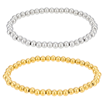 4Pcs 2 Colors 201 Stainless Steel Round Beaded Stretch Bracelets Set for Men Women, Real Gold Plated & Stainless Steel Color, Inner Diameter: 2 inch(5.2cm), 2Pcs/color