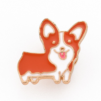 Rack Plating Alloy Enamel Brooches, Enamel Pins, with Brass Butterfly Clutches, Dog, Cadmium Free & Nickel Free & Lead Free, Light Gold, Orange Red, 25x24.5mm, Pin: 1mm