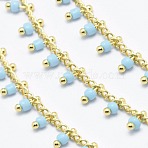 3.28 Feet Handmade Glass Beaded Chains, Soldered, Brass Chain, Golden, Long-Lasting Plated, Light Sky Blue, 6x2mm, Chain: about 2mm wide(X-CHC-I026-H-01G)