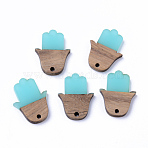 Resin & Walnut Wood Pendants, Hamsa Hand/Hand of Fatima/Hand of Miriam, Turquoise, 25x18.5x3mm, Hole: 2mm(RESI-N025-011A-B01)