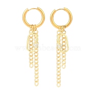 304 Stainless Steel Huggie Hoop Earrings, Chain Tassel Earrings, with Brass Micro Pave Cubic Zirconia Oval Pendants and Brass Curb Chains, Golden, 77mm, Pin: 1mm(EJEW-JE04332-02)