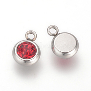201 Stainless Steel Rhinestone Charms, Flat Round, Light Siam, 8.5x6x3mm, Hole: 1.5mm(X-STAS-S068-07)