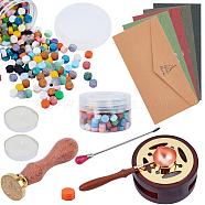 CRASPIRE DIY Scrapbook Making Kits, Including Sealing Wax Particles, Vintage Seal Stamp Wax Stick Melting Pot Holder, Brass Wax Seal Stamp & Wax Sticks Melting Spoon, Paper Envelope, Candle, Mixed Color, 9mm, 420pcs(DIY-CP0005-16)