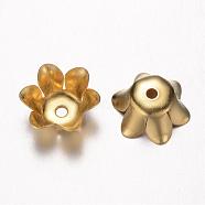 Brass Bead Caps, Lead Free & Nickel Free, Flower, 6-Petal, Raw(Unplated), 11x5mm, Hole: 1mm(KK-A141-20C-FF)