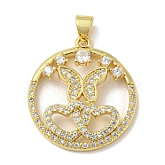 Rack Plating Brass Micro Pave Cubic Zirconia Pendants, Long-Lasting Plated, Lead Free & Cadmium Free, Round Ring with Heart and Butterfly Charms, Real 18K Gold Plated, 25x22x4mm, Hole: 5x3mm(KK-F869-18G)