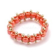 Round Glass Seed Beaded Finger Rings, with Real 18K Gold Plated Copper Wire, Red, US Size 10 3/4(20.3mm)(RJEW-JR00307-06)