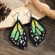 Bohemian Style Green Butterfly Wing Glass Bead Handmade Dangle Earrings, Black, 90x42mm(LW2379)