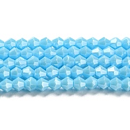 Opaque Solid Color Electroplate Glass Beads Strands, Pearl Luster Plated, Faceted, Bicone, Deep Sky Blue, 4x4mm, Hole: 0.8mm, about 87~98pcs/strand, 12.76~14.61 inch(32.4~37.1cm)(GLAA-F029-P4mm-C12)