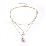 Cowrie Shell and Plated Natural Baroque Pearl Keshi Pearl Tiered Necklaces, 3 Layer Necklaces, with Long-Lasting Plated Brass Extender Chains, Golden, 15.9 inch(40.5cm)(NJEW-JN02389)