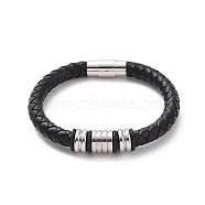 304 Stainless Steel Column Beaded Bracelet with Magnetic Clasps, Black Leather Braided Cord Punk Wristband for Men Women, Stainless Steel Color, 8-3/4 inch(22.1cm)(BJEW-P275-14P)