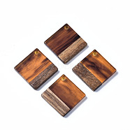Transparent Resin & Walnut Wood Pendants, Two Tone, Rhombus, Sienna, 24x24x3mm, Hole: 2mm, Side Length: 17.5mm(RESI-T035-31C)