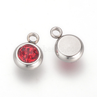 201 Stainless Steel Rhinestone Charms, Flat Round, Light Siam, 8.5x6x3mm, Hole: 1.5mm