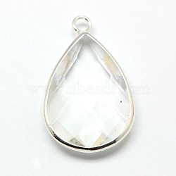 Silver Color Plated Brass Glass Teardrop Pendants, Faceted, Clear, 18x10x5mm, Hole: 2mm(GLAA-M006-A-23S)